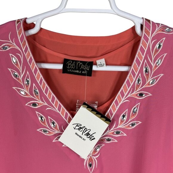 Bob Mackie NWT L Pink Embroidered Chiffon Tunic Embellished Top 3/4 Sleeve Artsy - Picture 13 of 16